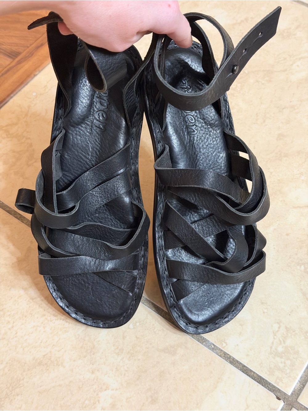 Women's Black Strappy Sandals with Ankle Buckle